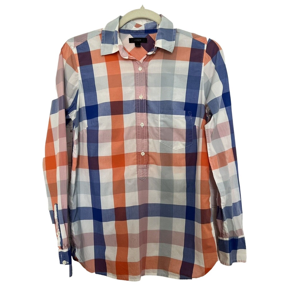 🌵J. Jill Women's Plaid Blue Orange Cotton Long Sleeve Button-Down Shirt - Size 2